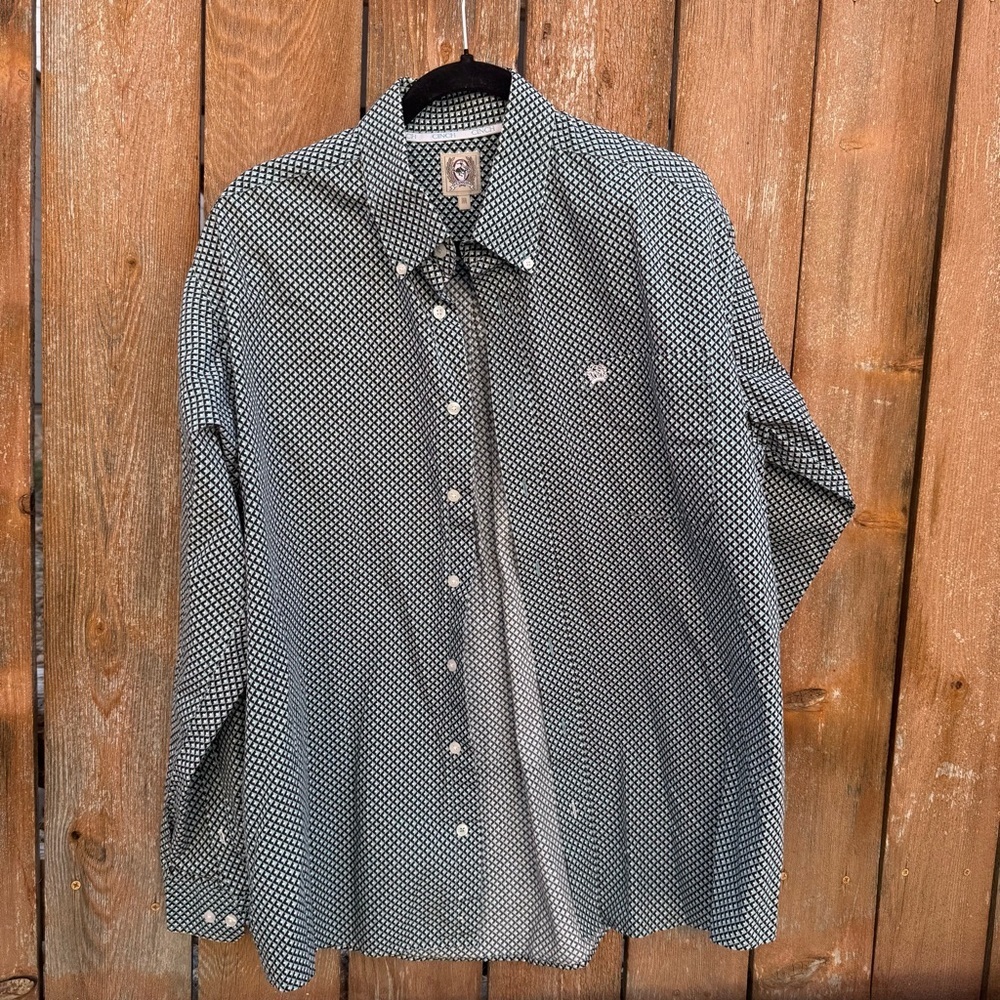 Cinch Men's Black Teal White Patterned Button Down Long Sleeve Shirt Size Medium